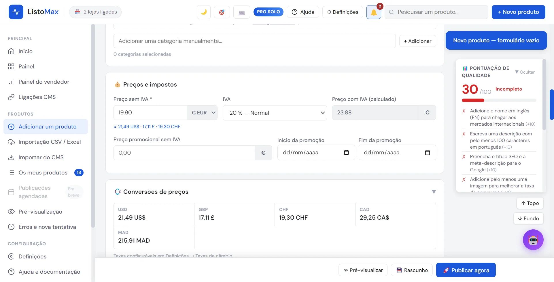 Campos referência, preço e stock