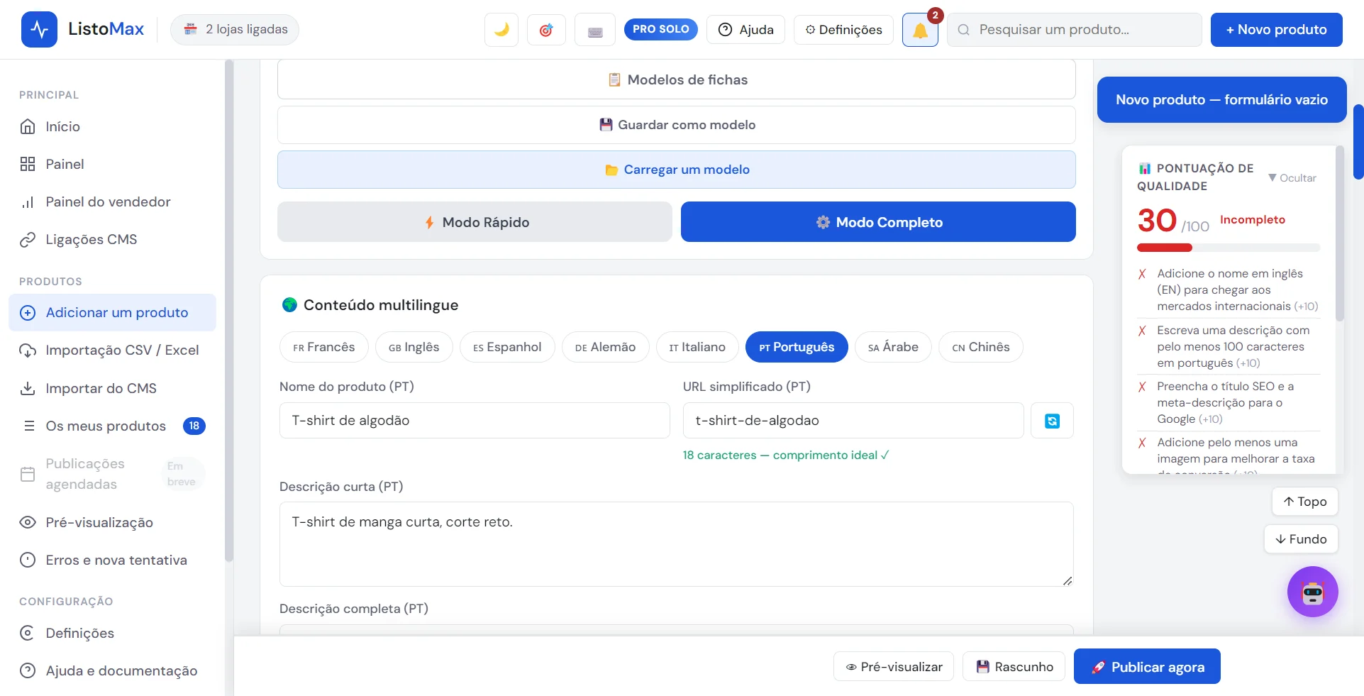 Separadores de idioma do formulário de produto