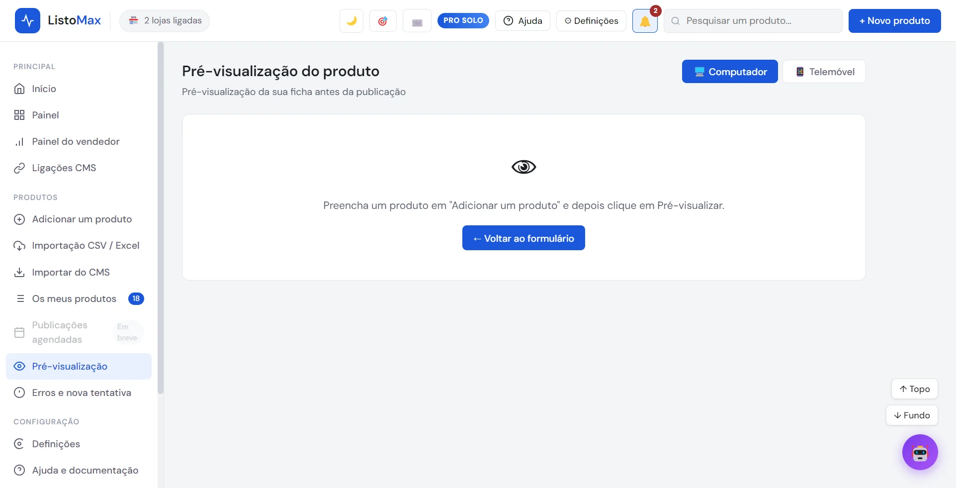 Ecrã de pré-visualização da ficha