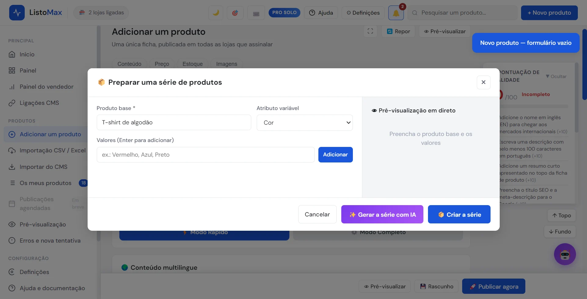 Janela Preparar uma série de produtos