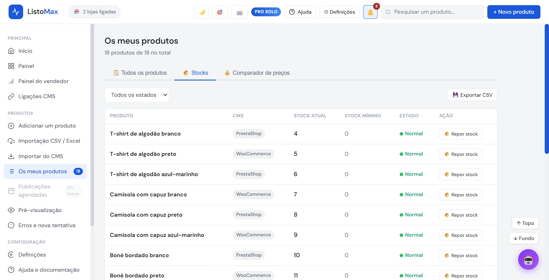 Separador de stock de Os meus produtos