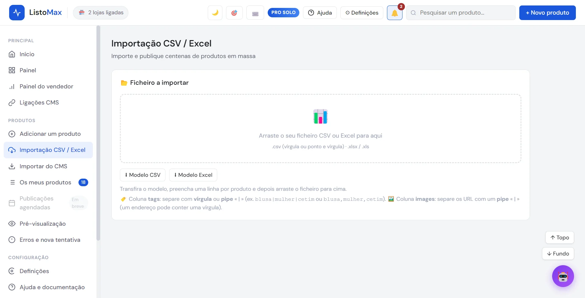 Ecrã de importação CSV / Excel