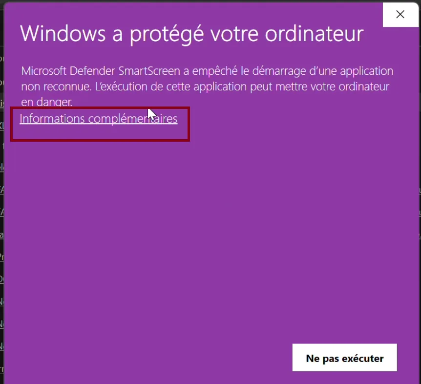 Purple Windows SmartScreen window titled “Windows protected your PC” (French version of Windows shown). The “More info” link is circled in red.
