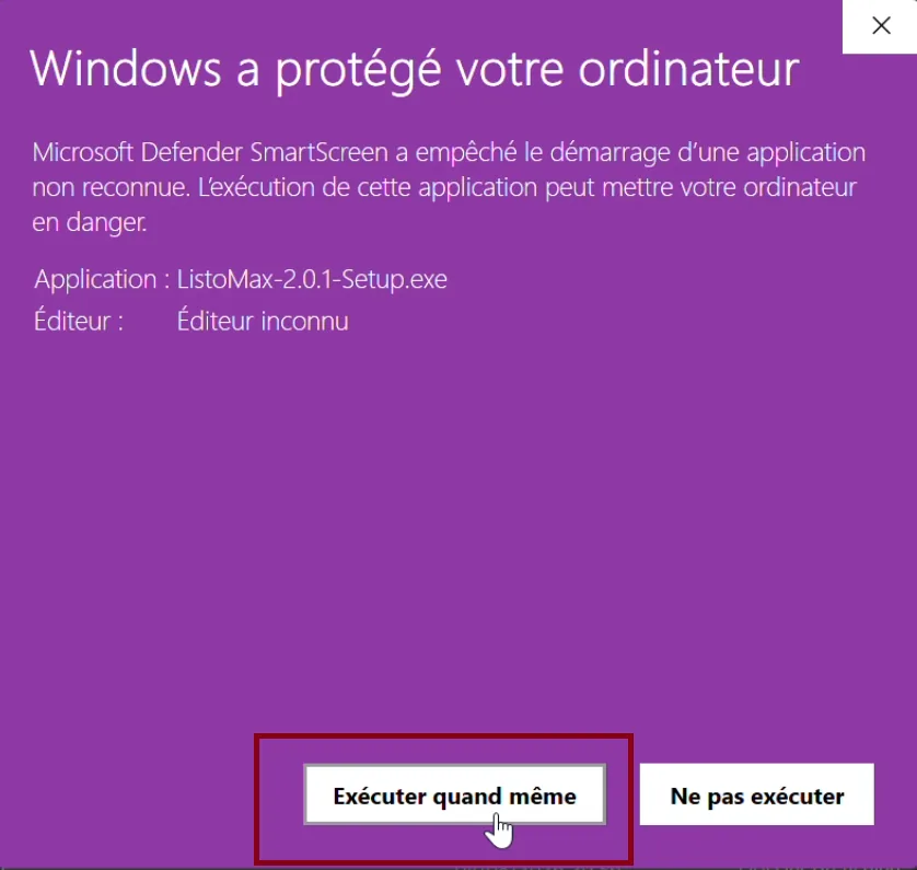 Purple Windows SmartScreen window after clicking “More info” (French version of Windows shown). The “Run anyway” button is circled in red.